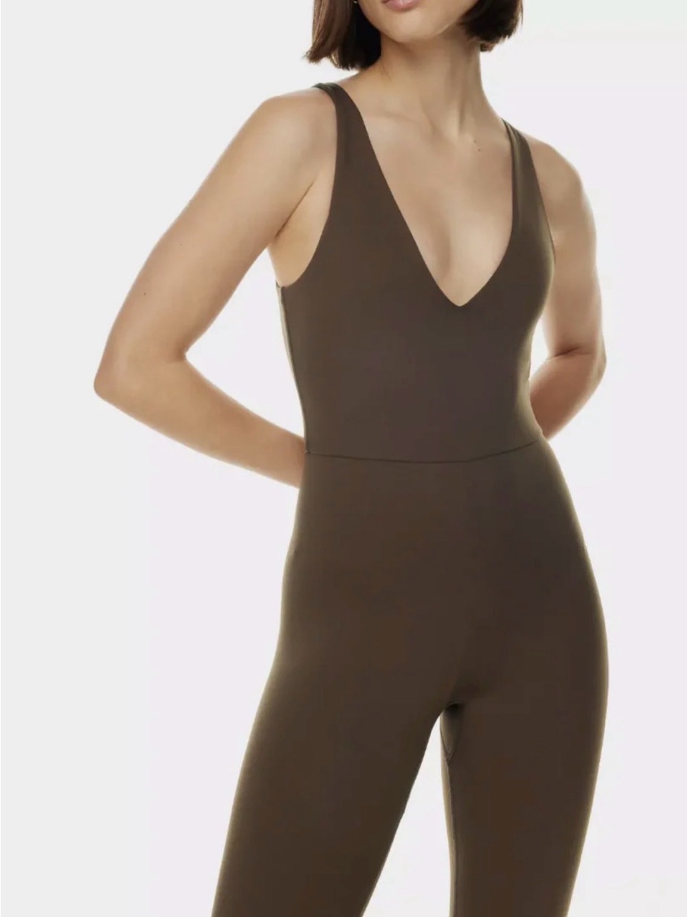 Aritzia Olive Brown V-Neck Sleeveless Jumpsuit